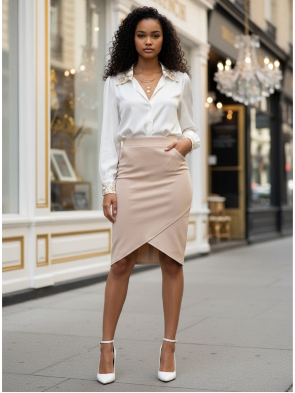 Old Money 💰 Champagne Pencil Skirt Asymmetrical Hem Career Office Casual Medium